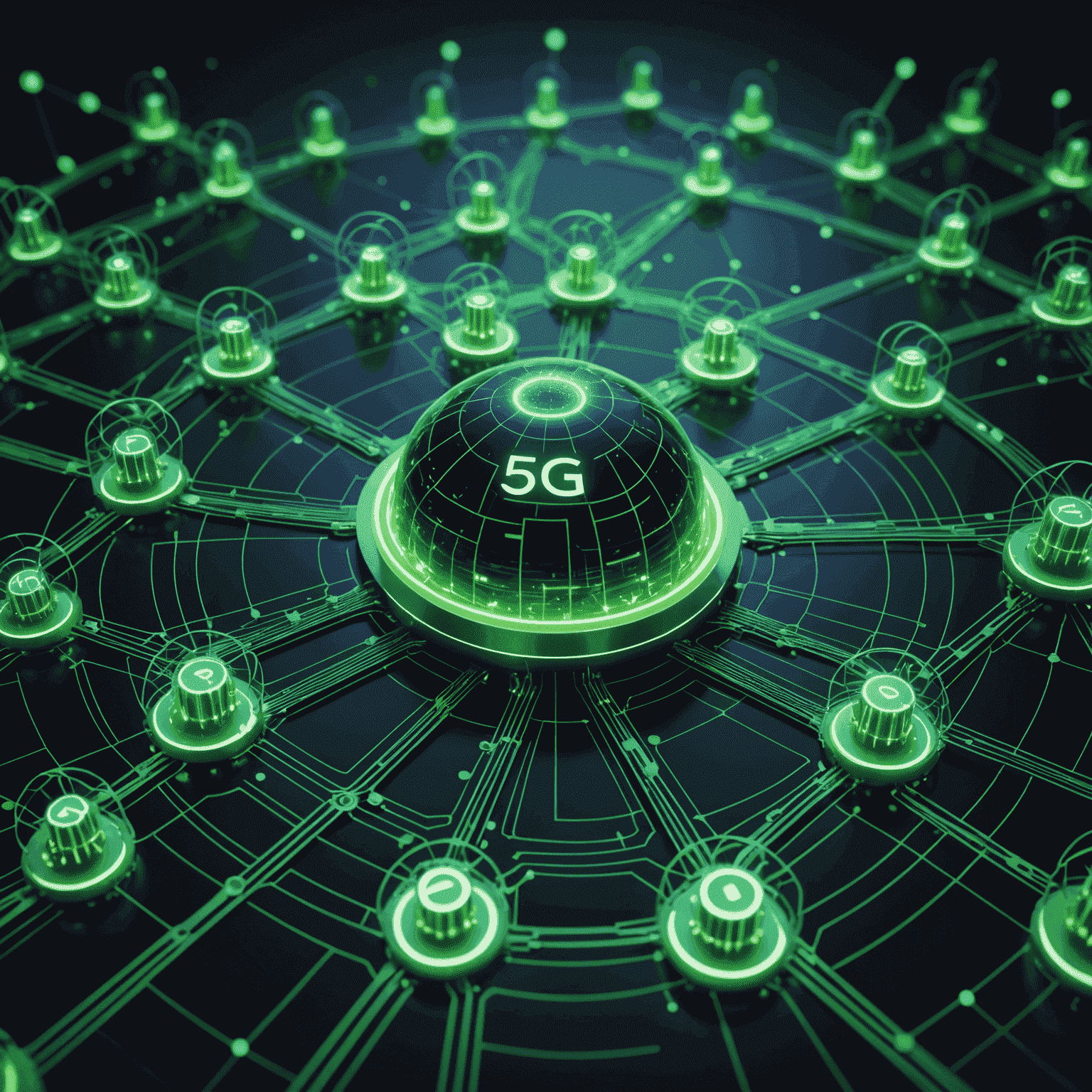 A futuristic visualization of 5G network infrastructure with interconnected nodes, representing high-speed data transmission and low latency in vibrant green colors