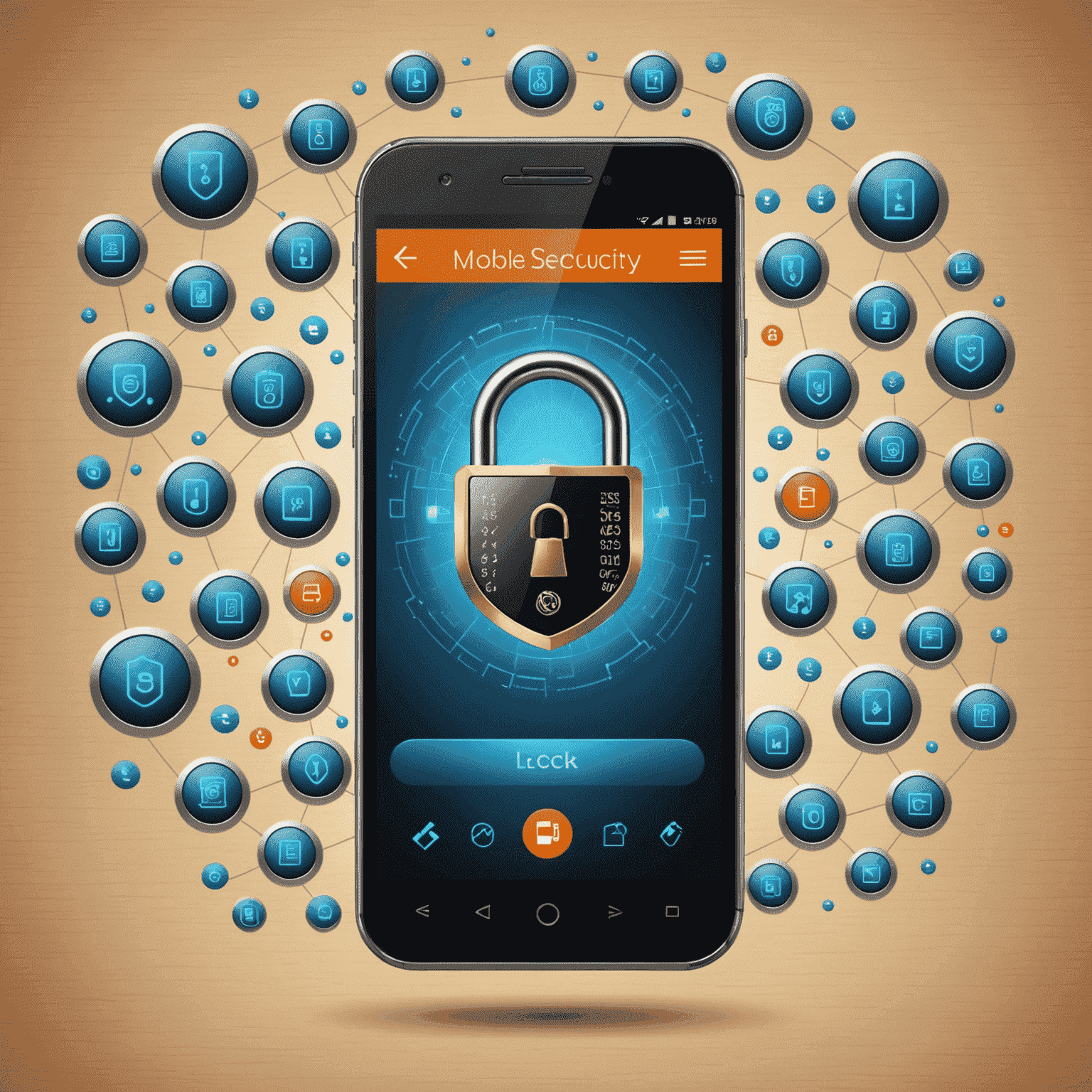 A smartphone with a digital lock icon, representing mobile security measures. The background shows various security symbols like shields and checkmarks.