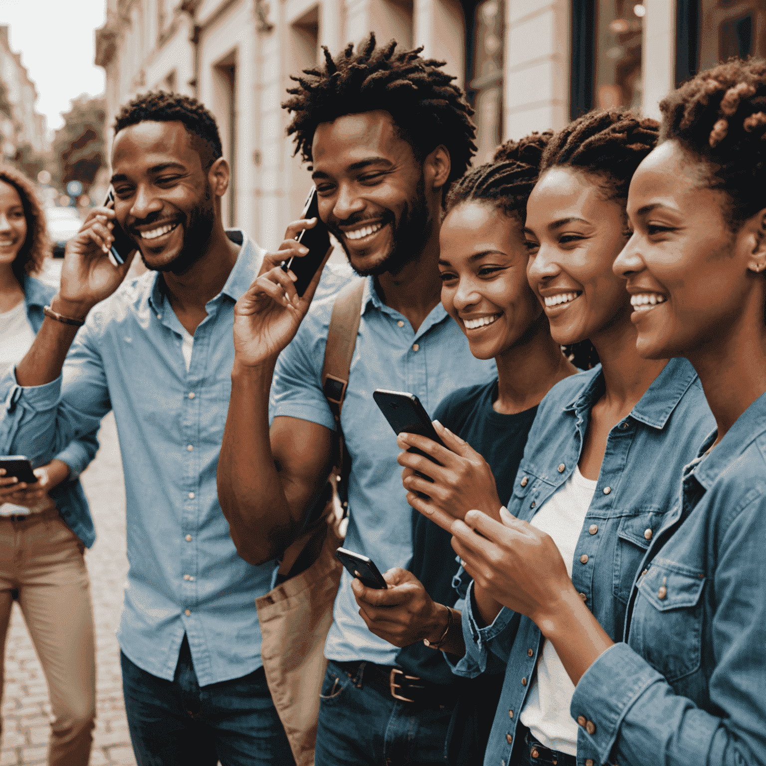 A group of diverse people smiling and talking on their mobile phones, representing satisfied customers using our voice plans