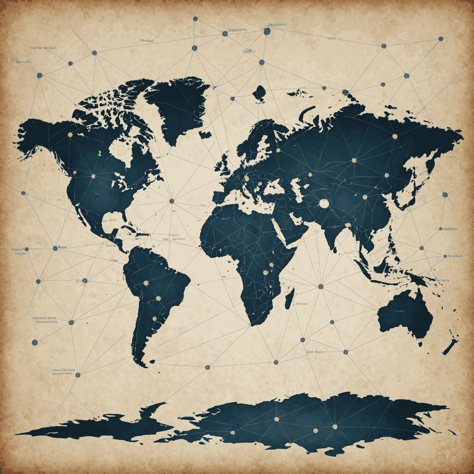 World map with connected points representing global mobile network coverage