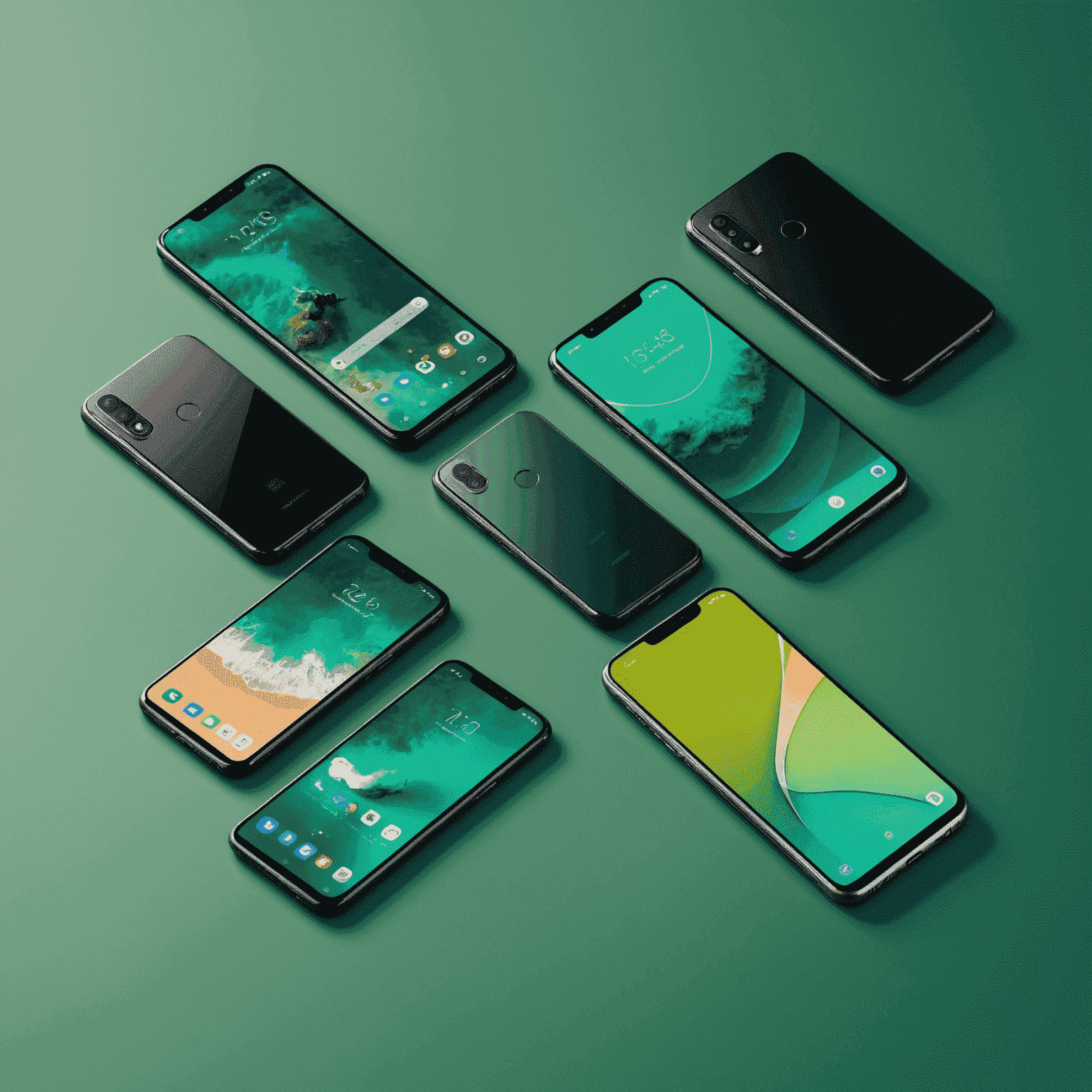 A collection of the latest smartphone models displayed on a sleek green background, showcasing their modern designs and advanced features