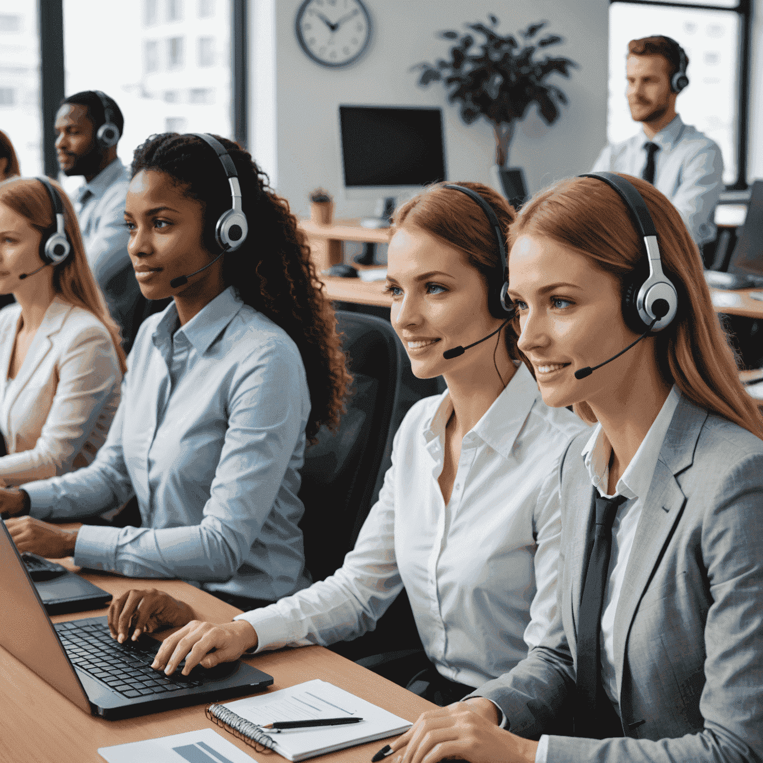 A team of customer support representatives working at their desks with headsets, symbolizing 24/7 availability for mobile communication assistance