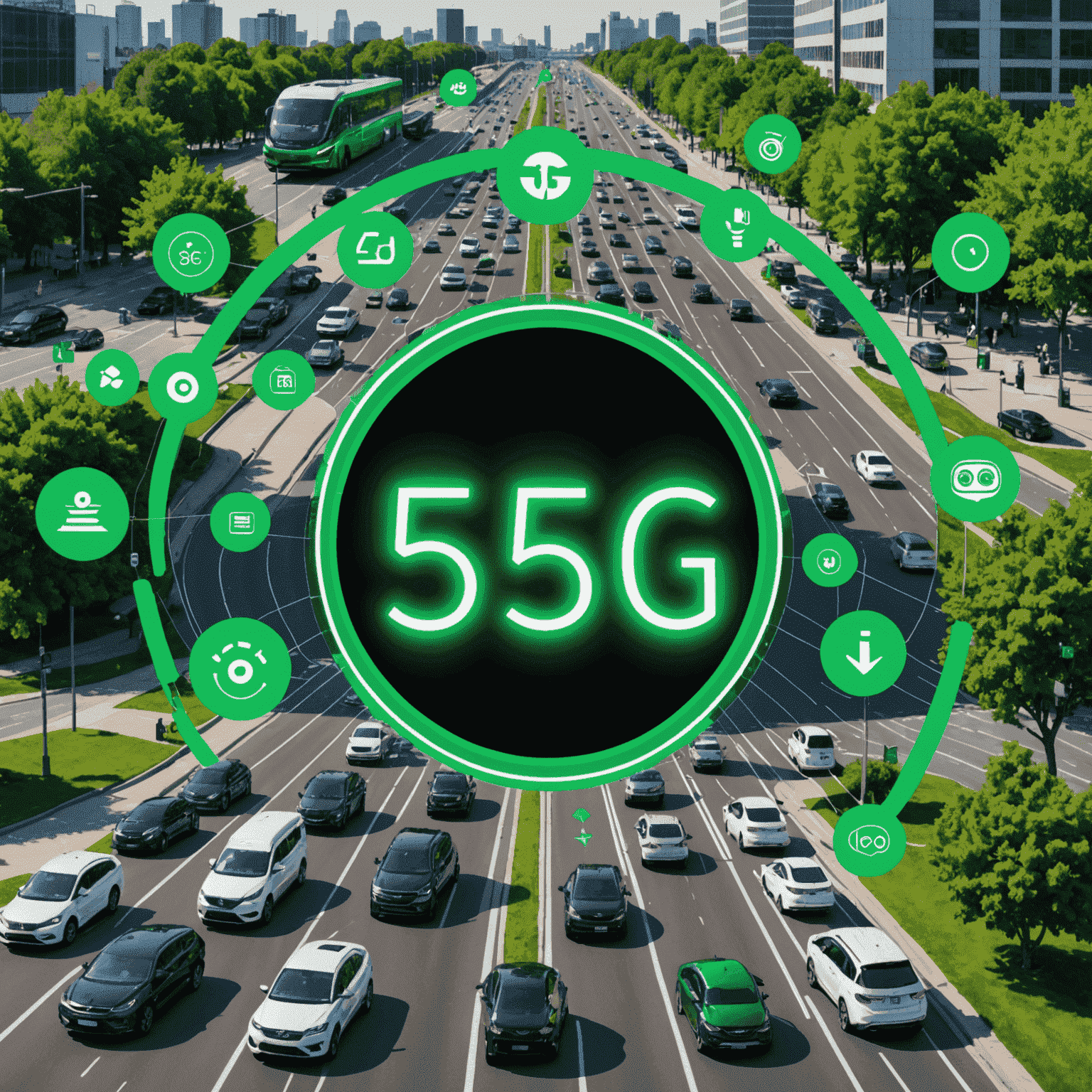 Collage of 5G applications including autonomous vehicles, telemedicine, and augmented reality devices, all connected by green 5G signal waves