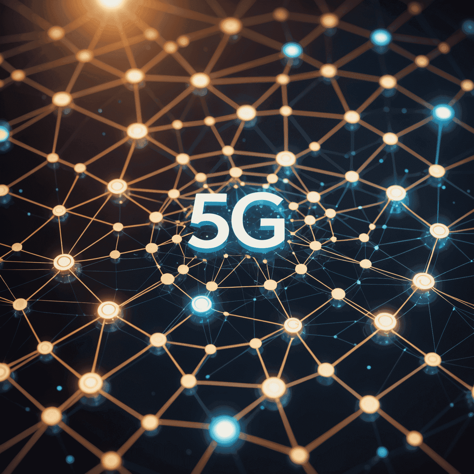 Visual representation of 5G network with interconnected nodes and high-speed data transfer symbols