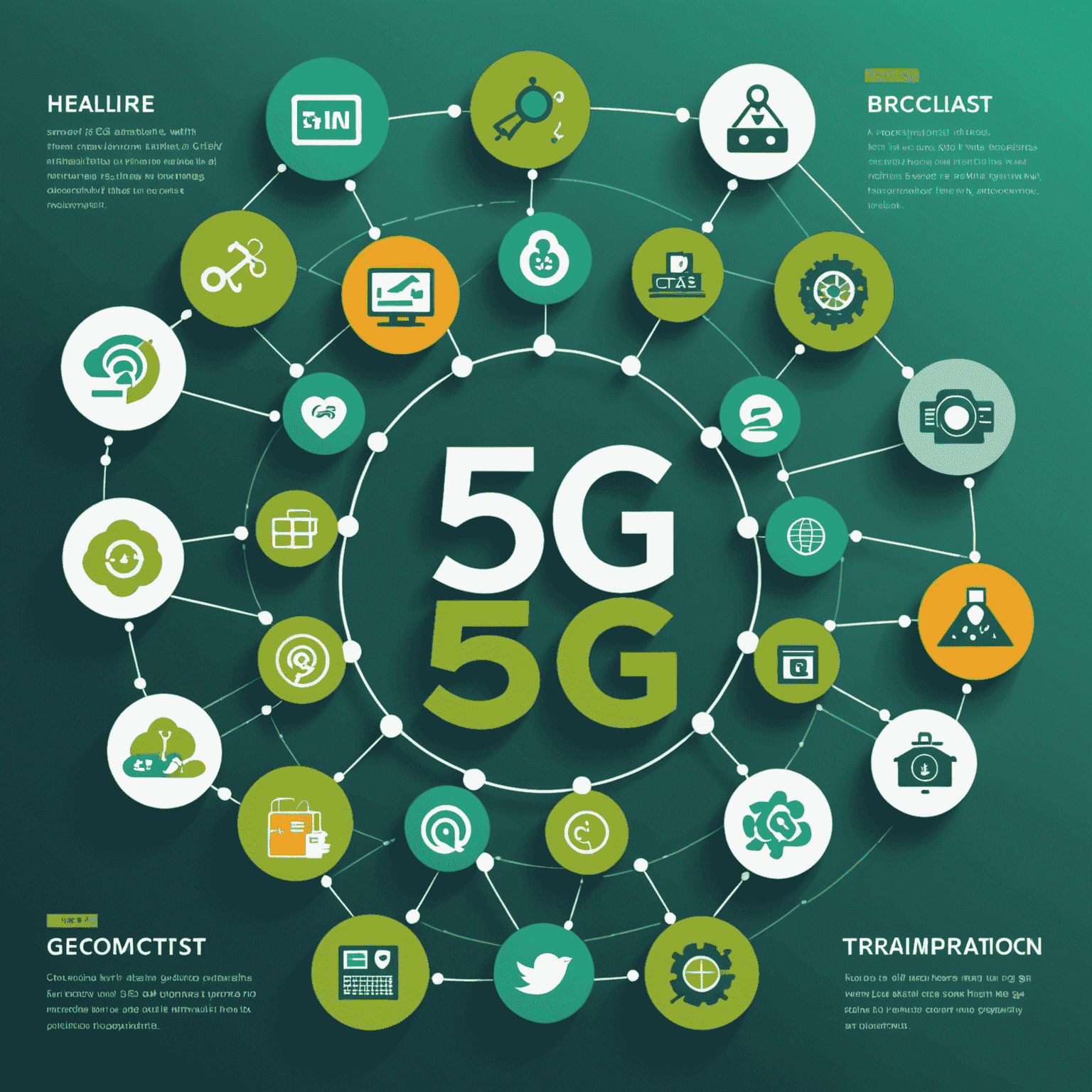 Infographic showing various industries benefiting from 5G: healthcare, manufacturing, entertainment, and transportation, with green 5G icons connecting them