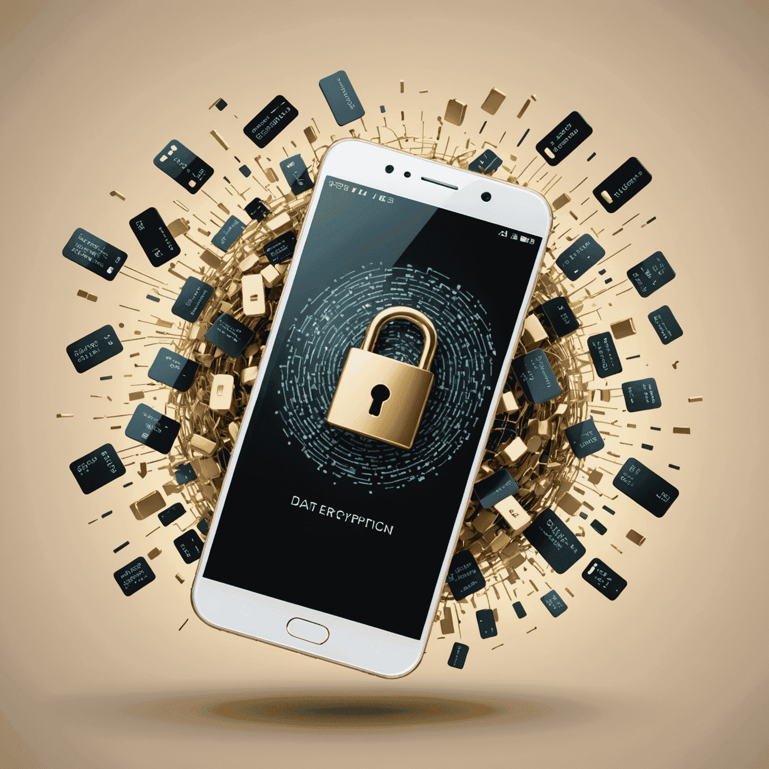 A visual representation of data encryption, showing a smartphone with scrambled data being converted into a secure, unreadable format.