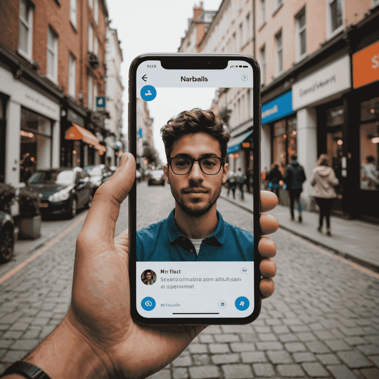 Smartphone screen showing a person using an AR filter in a social media app, demonstrating how AR enhances digital communication