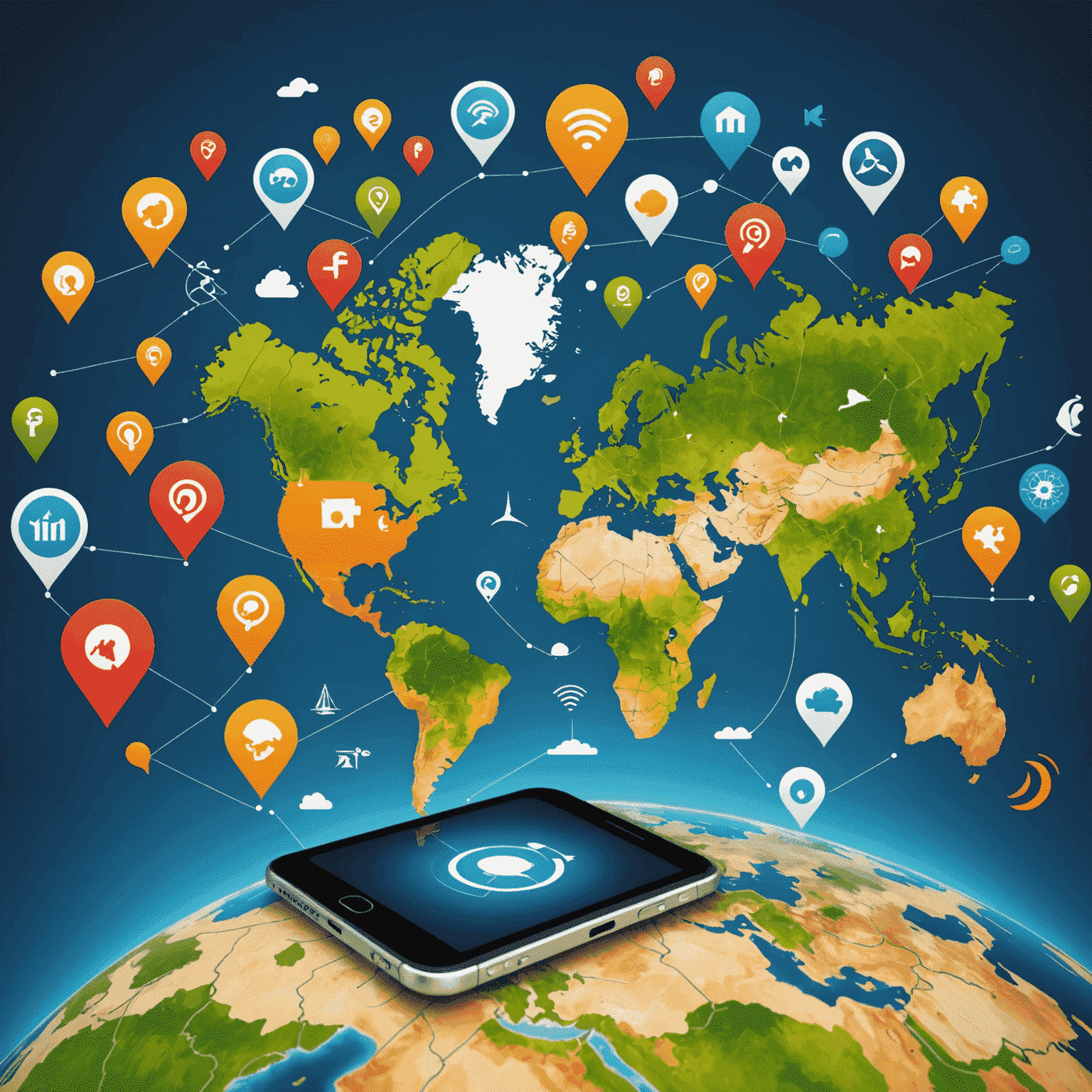 A world map with mobile signal icons, representing international roaming services