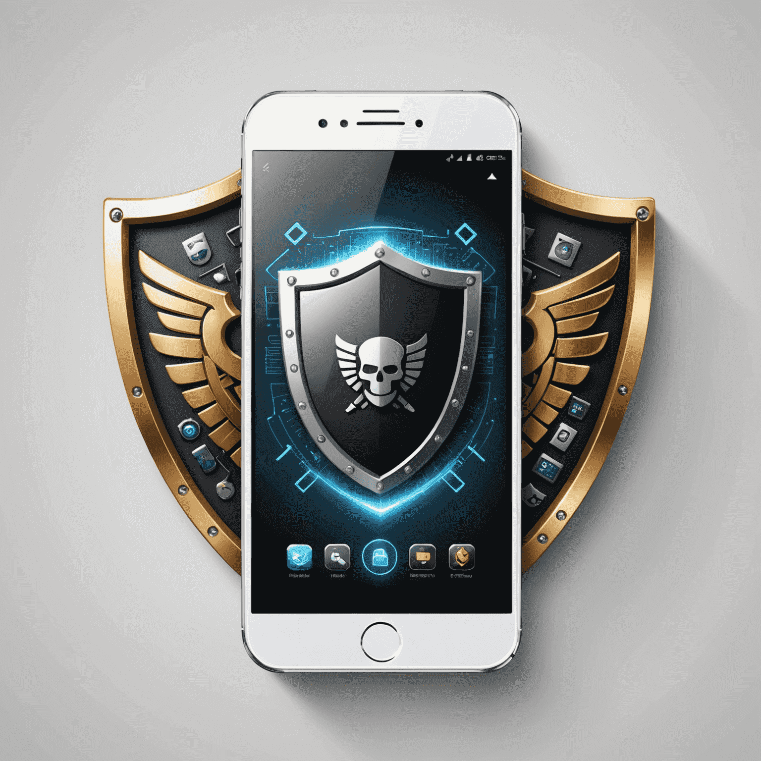 Smartphone with a shield icon and various security symbols, representing mobile device protection